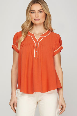 She + Sky Braid Trim Top In Coral *COMING SOON*