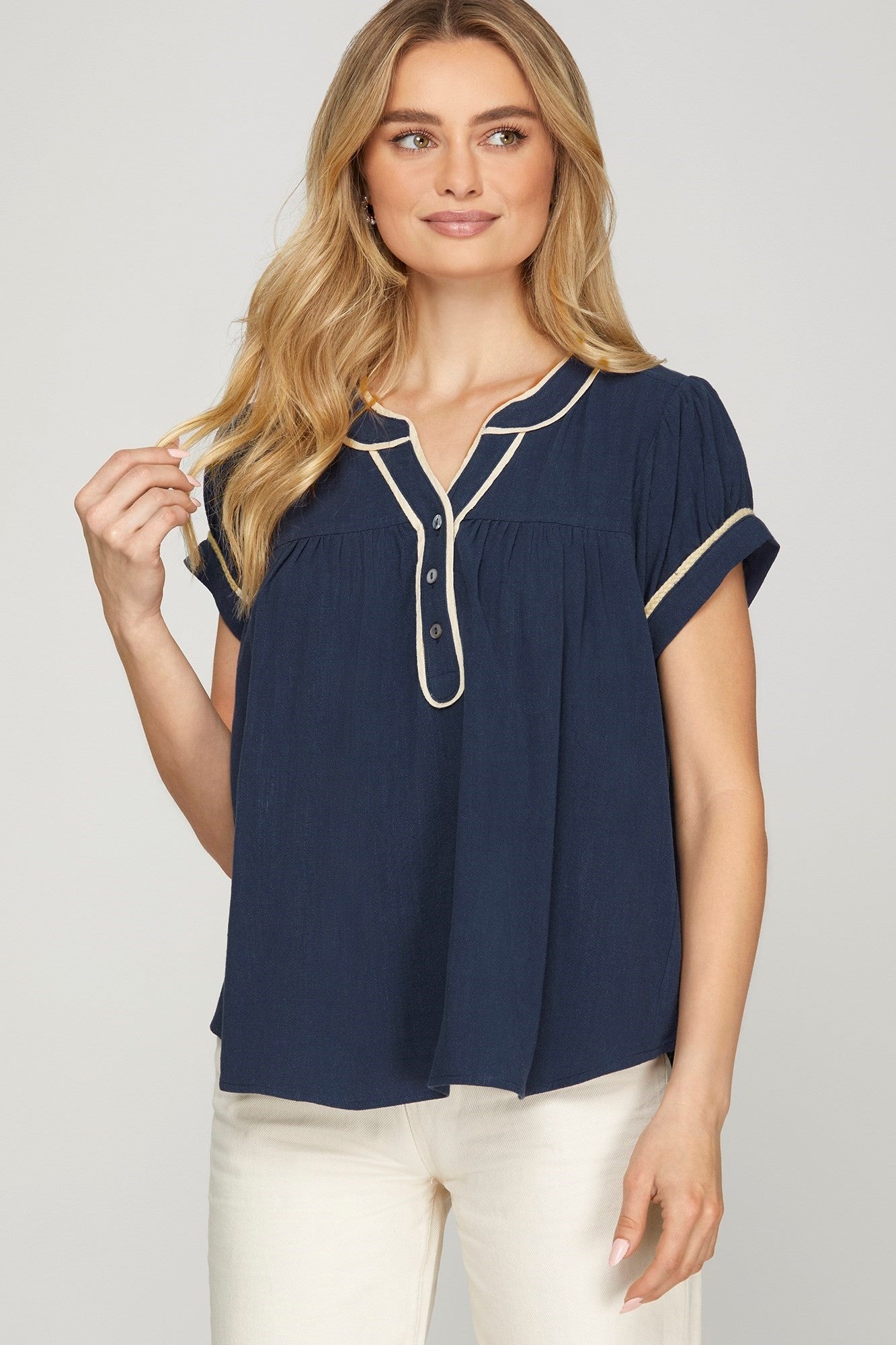 She + Sky Braid Trim Top In Navy *COMING SOON*