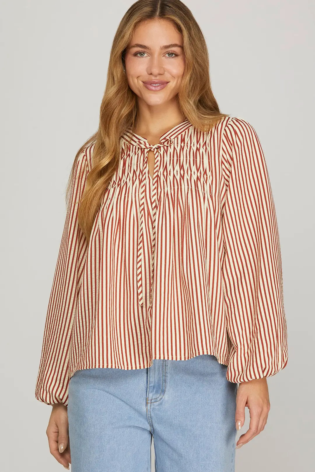 She + Sky Long Sleeve Front Tie Pintuck Top In Brick *COMING SOON*