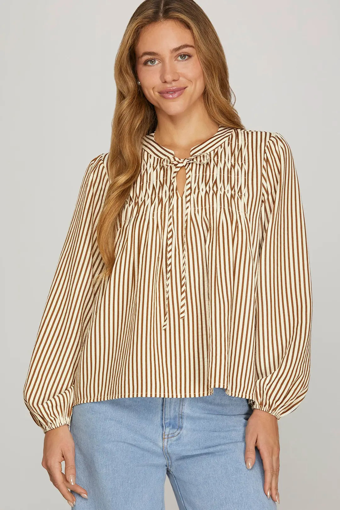 She + Sky Long Sleeve Front Tie Pintuck Top In Brown *COMING SOON*