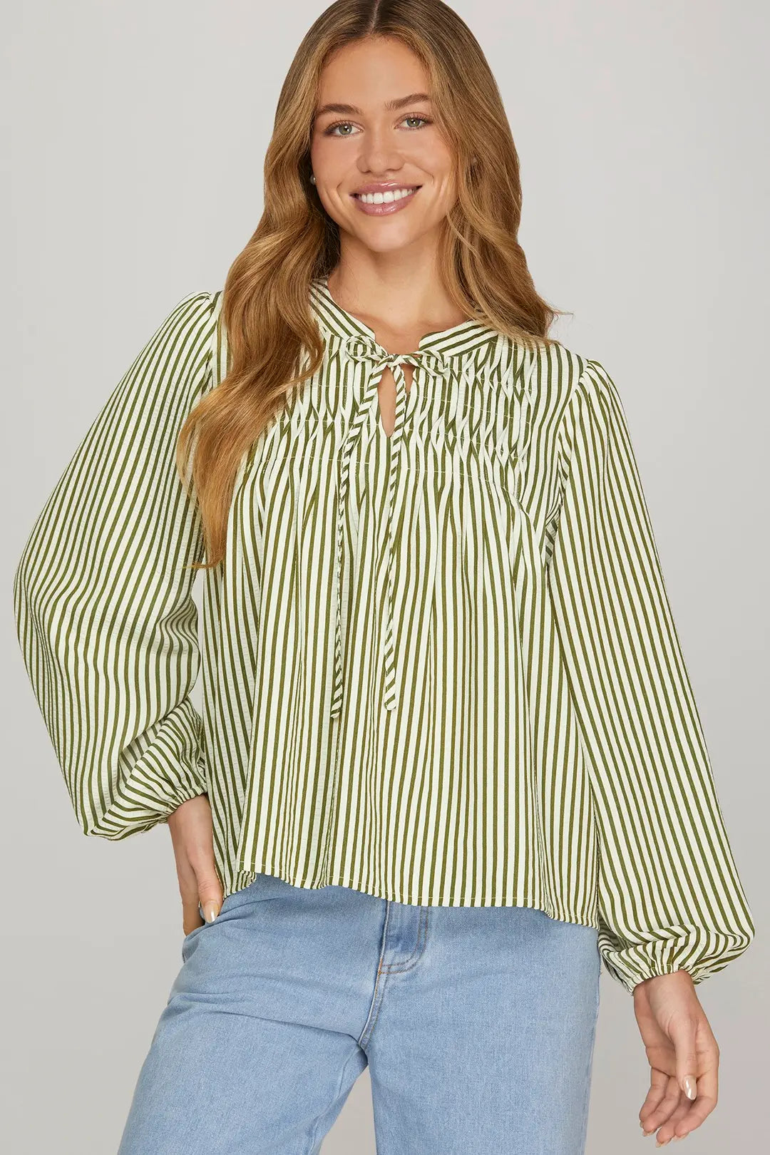 She + Sky Long Sleeve Front Tie Pintuck Top In Olive *COMING SOON*