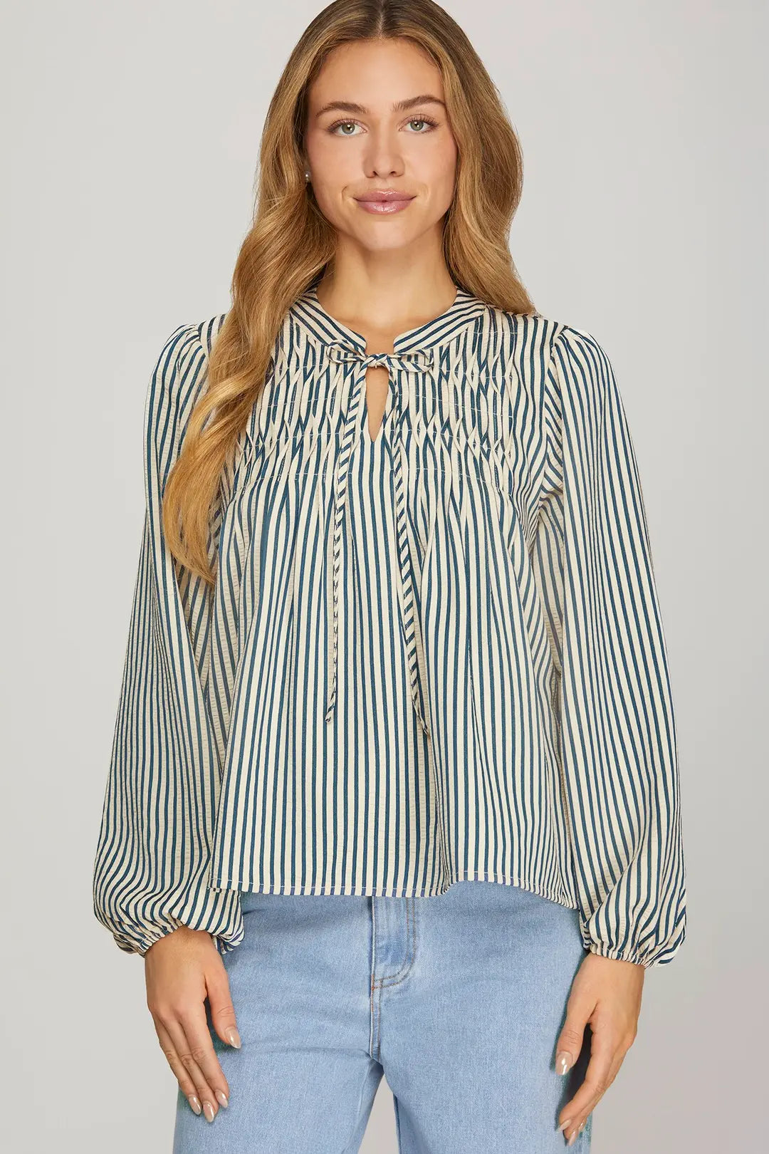 She + Sky Long Sleeve Front Tie Pintuck Top In Teal *COMING SOON*