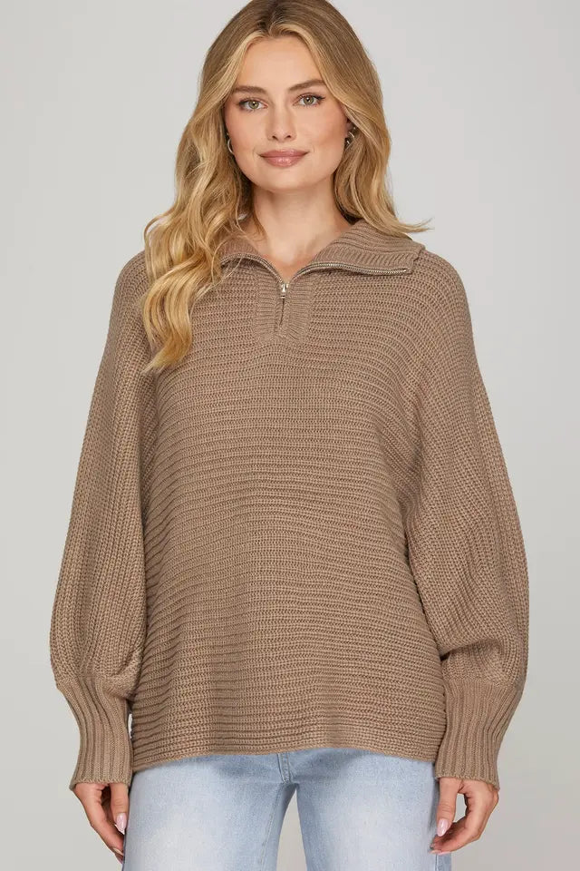 She + Sky Long Sleeve Half Zip Sweater In Mocha
