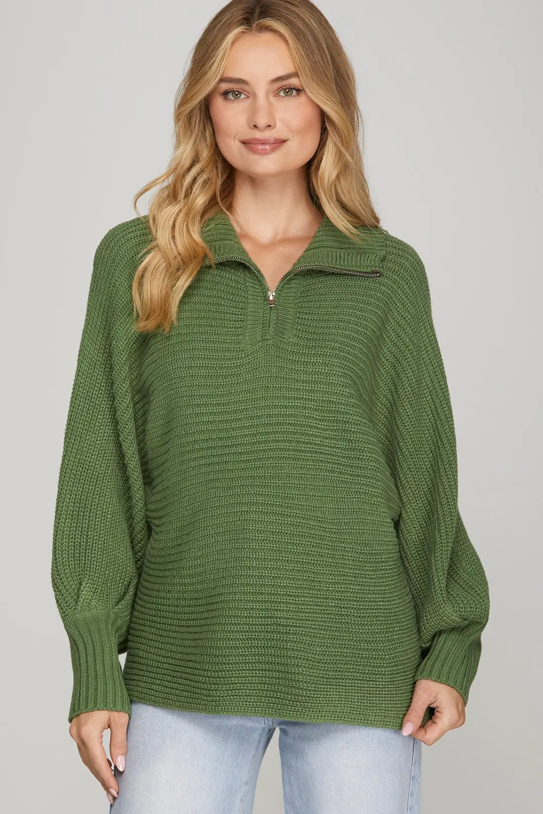 She + Sky Long Sleeve Half Zip Sweater In Olive