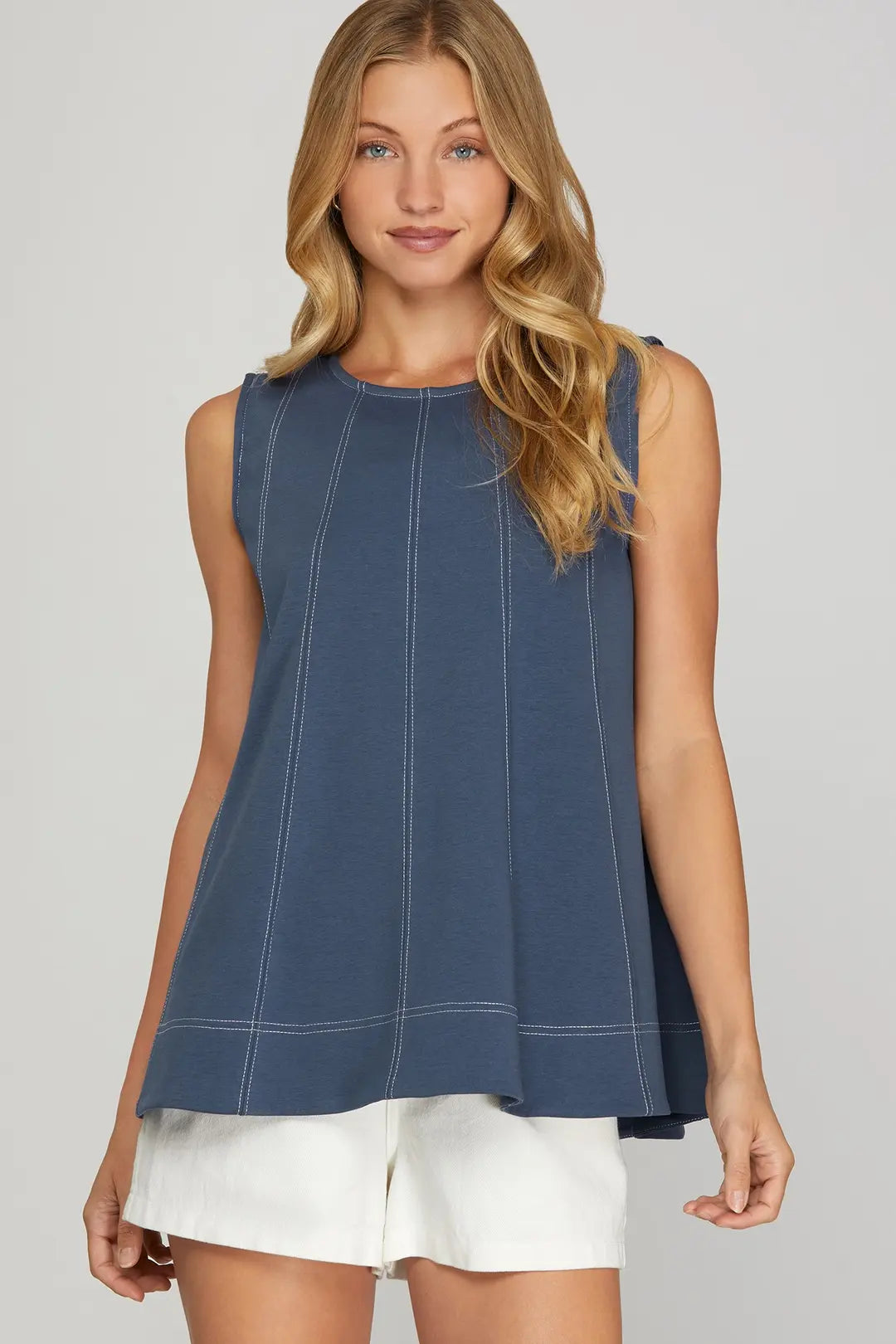 She + Sky Sleeveless Knit Top With Contrast Stitching In Dusty Blue *COMING SOON*