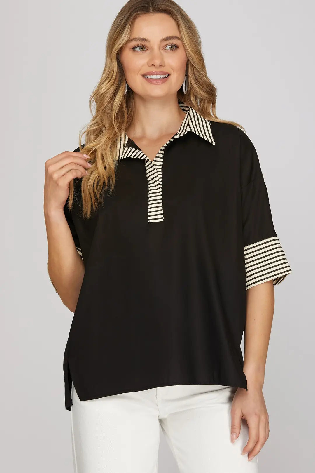 She + Sky Short Sleeve Oversized Top With Stripe Accents In Black *COMING SOON*