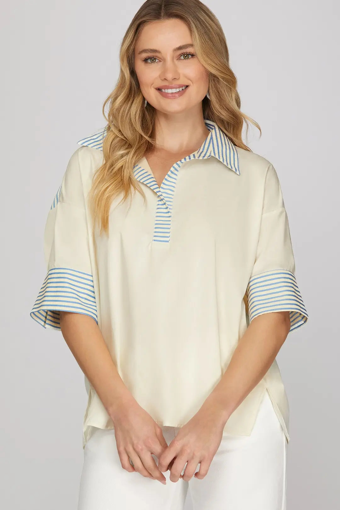 She + Sky Short Sleeve Oversized Top With Stripe Accents In Cream *COMING SOON*