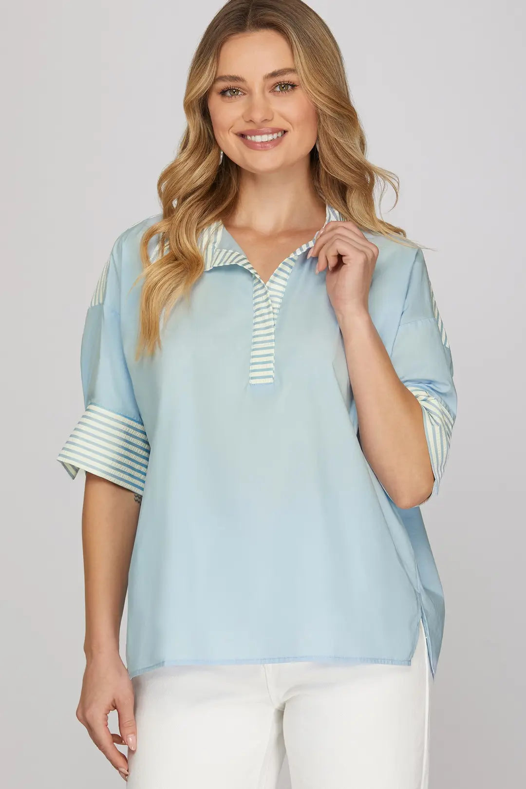 She + Sky Short Sleeve Oversized Top With Stripe Accents In Light Blue *COMING SOON*