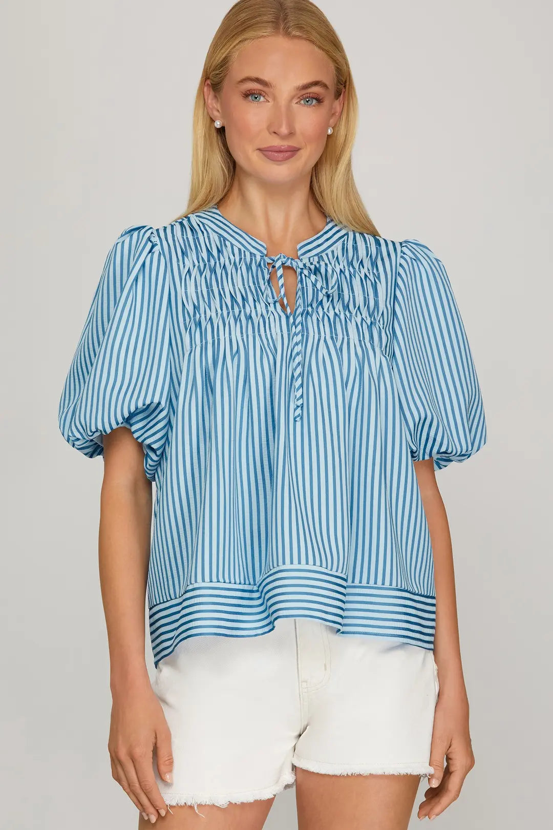 She + Sky Puff Sleeve Pintuck Detail Top In Blue *COMING SOON*