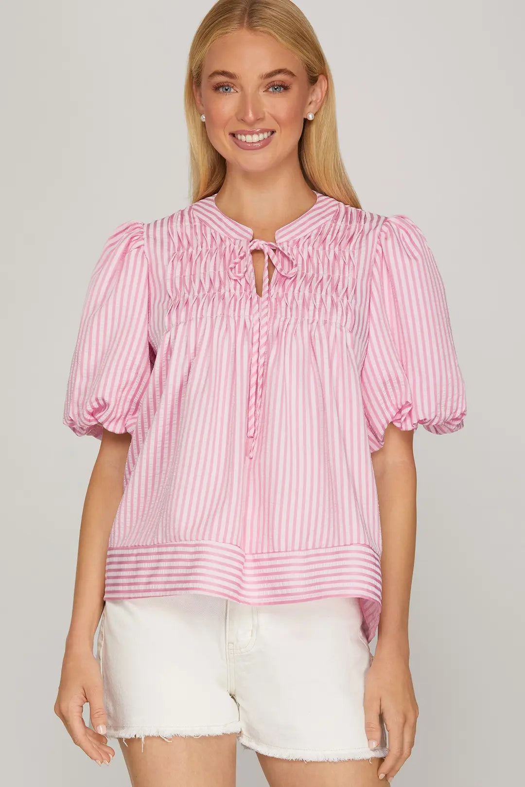 She + Sky Puff Sleeve Pintuck Detail Top In Pink *COMING SOON*