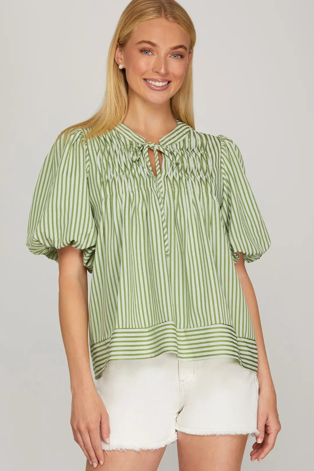 She + Sky Puff Sleeve Pintuck Detail Top In Sage *COMING SOON*
