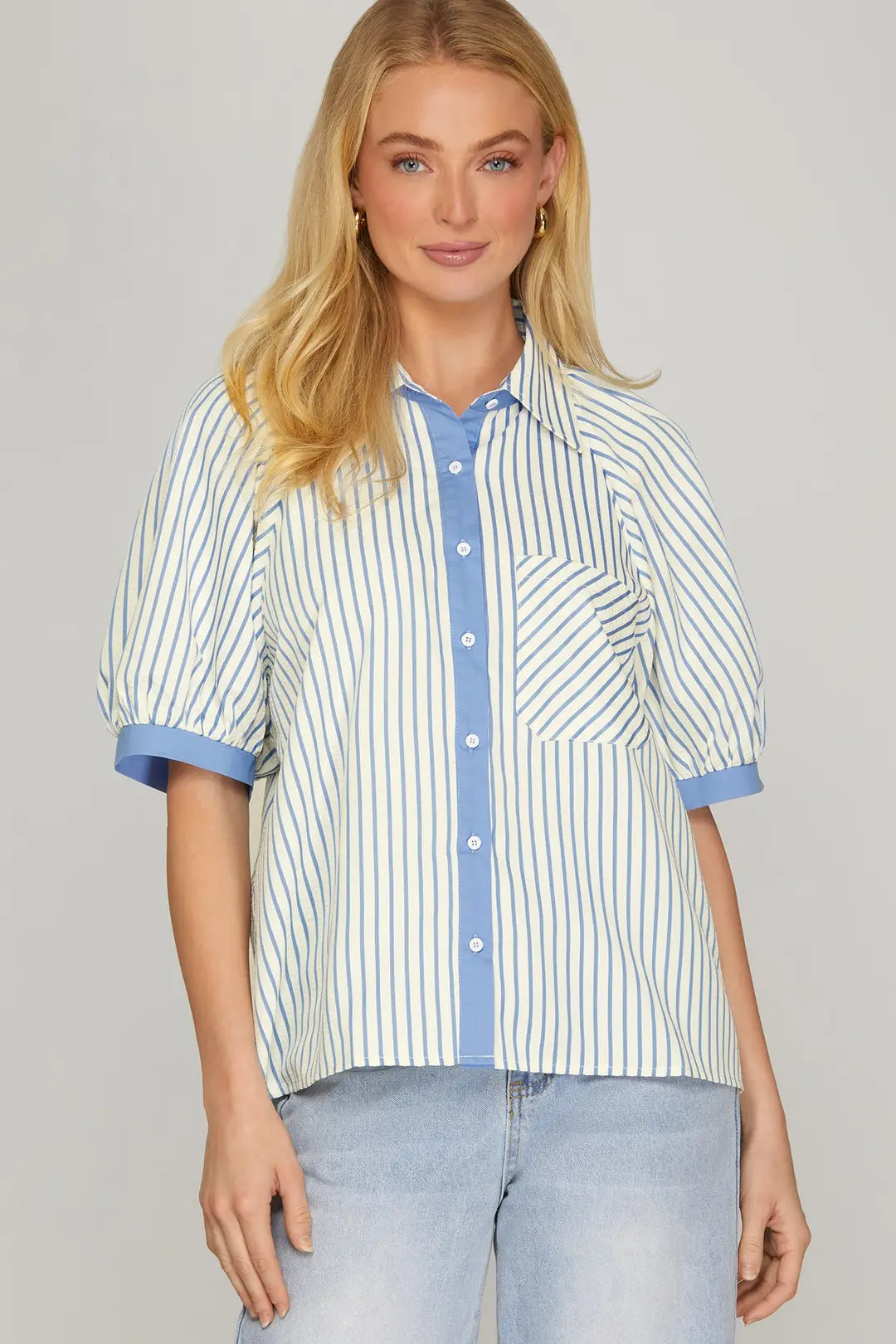 She + Sky Short Sleeve Button Down Stripe Top In Blue *COMING SOON*