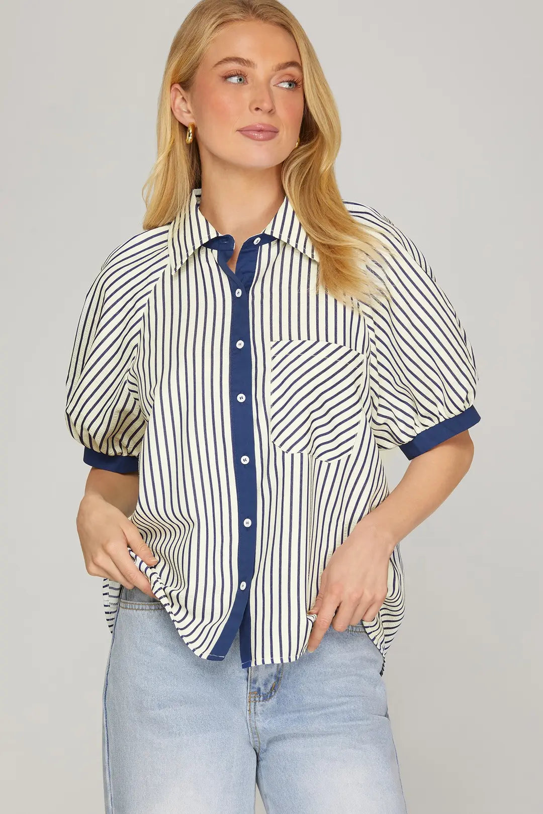 She + Sky Short Sleeve Button Down Stripe Top In Navy *COMING SOON*