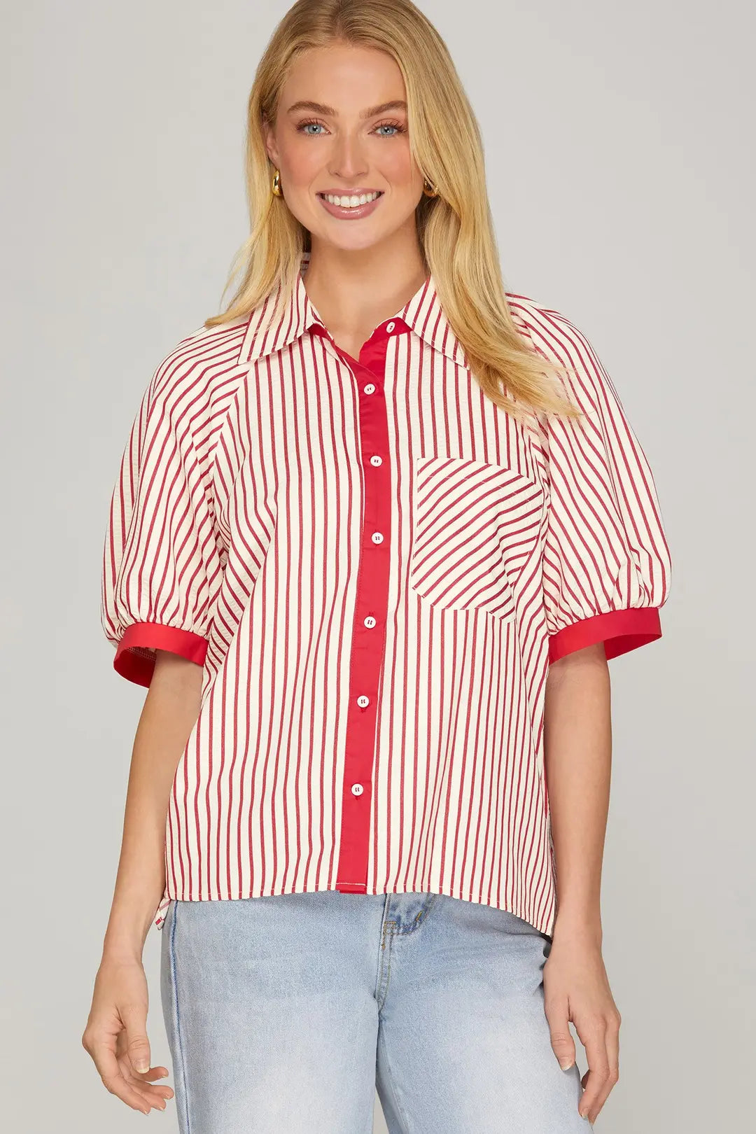 She + Sky Short Sleeve Button Down Stripe Top In Red *COMING SOON*