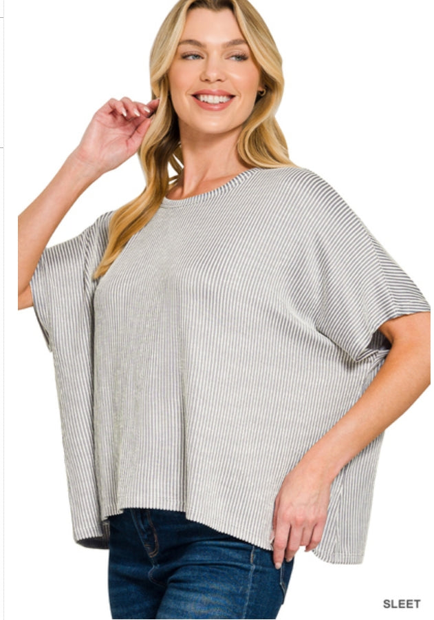 Zenana Ribbed Striped Oversized Short Sleeve Top