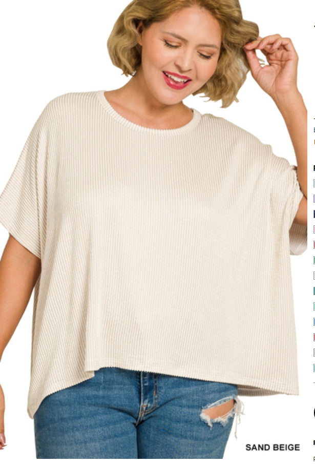 Zenana Plus Ribbed Striped Oversized Short Sleeve Top