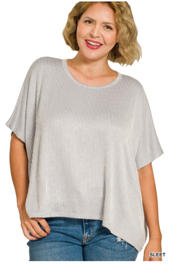Zenana Plus Ribbed Striped Oversized Short Sleeve Top