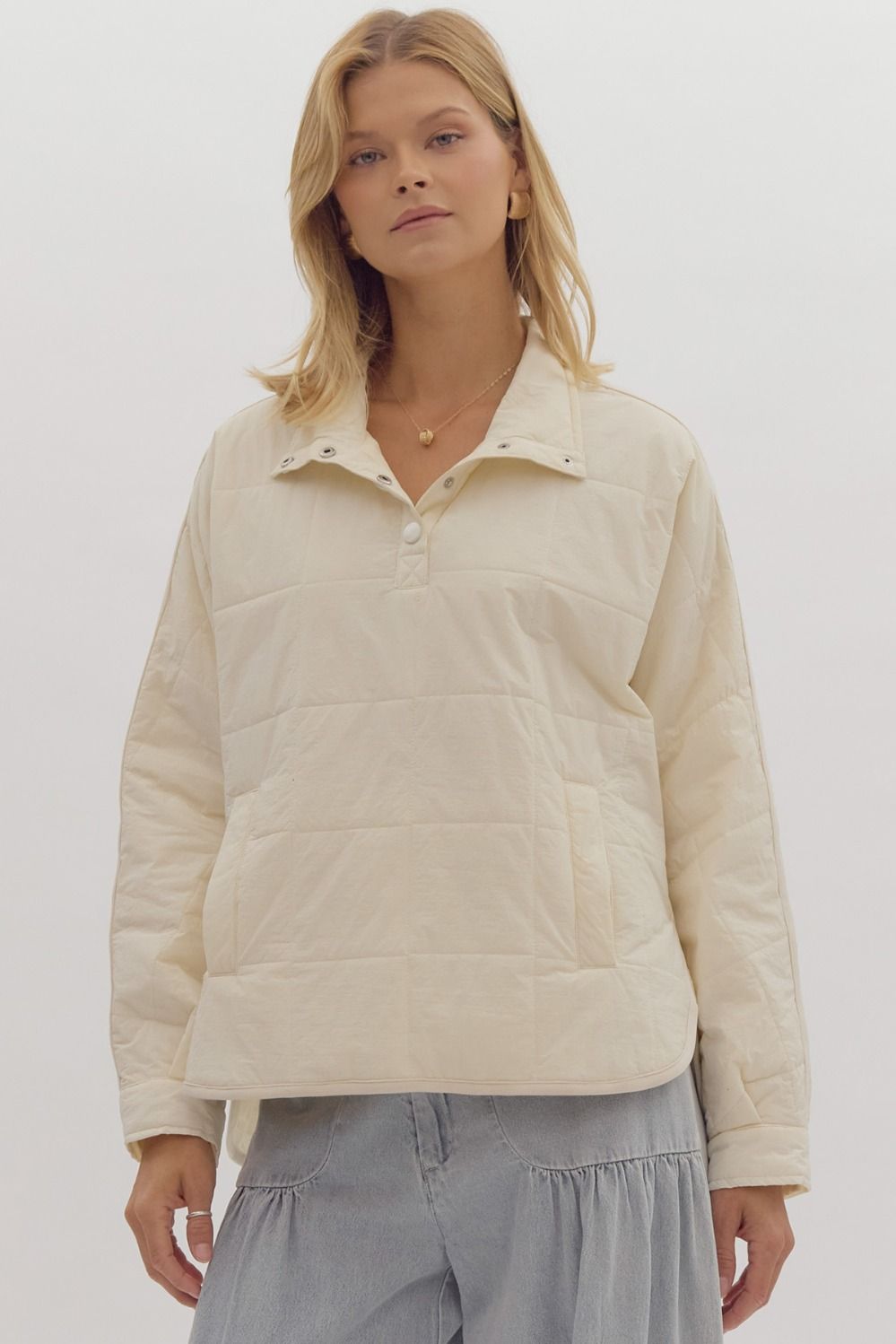 ENTRO Solid Quilted Pullover In Cream *COMING SOON*