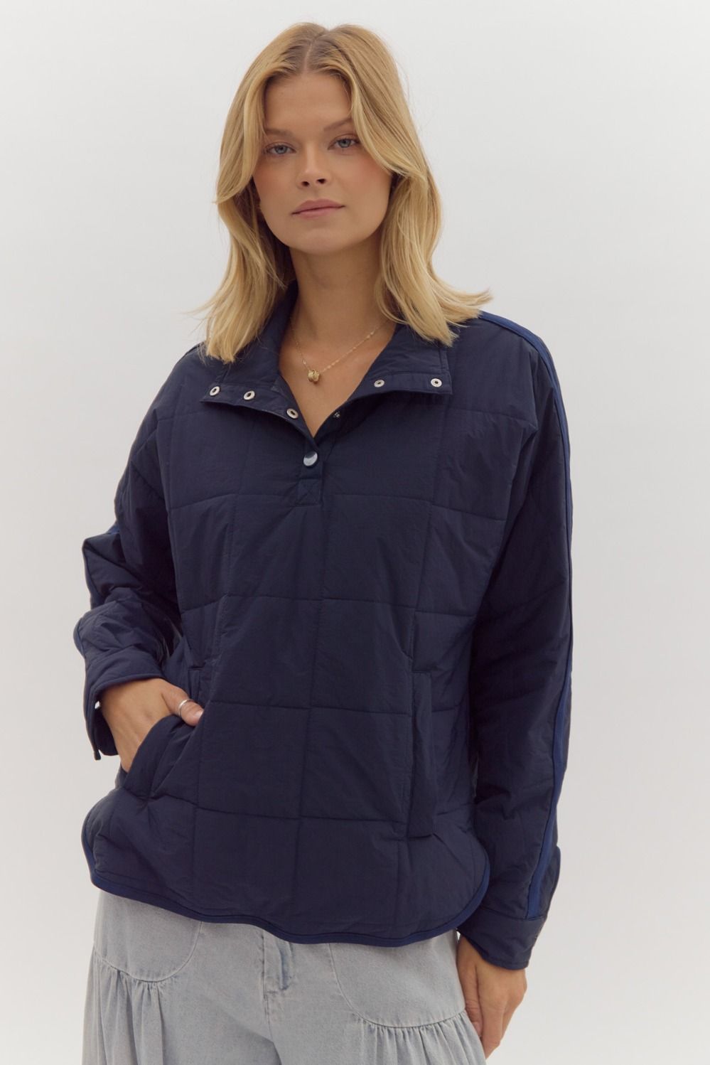 ENTRO Solid Quilted Pullover In Navy *COMING SOON*