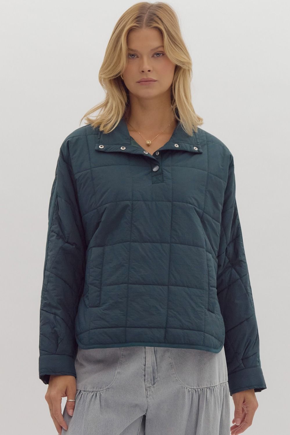 ENTRO Solid Quilted Pullover In Pine *COMING SOON*