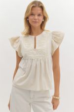 ENTRO Flutter Sleeve Top In Ecru