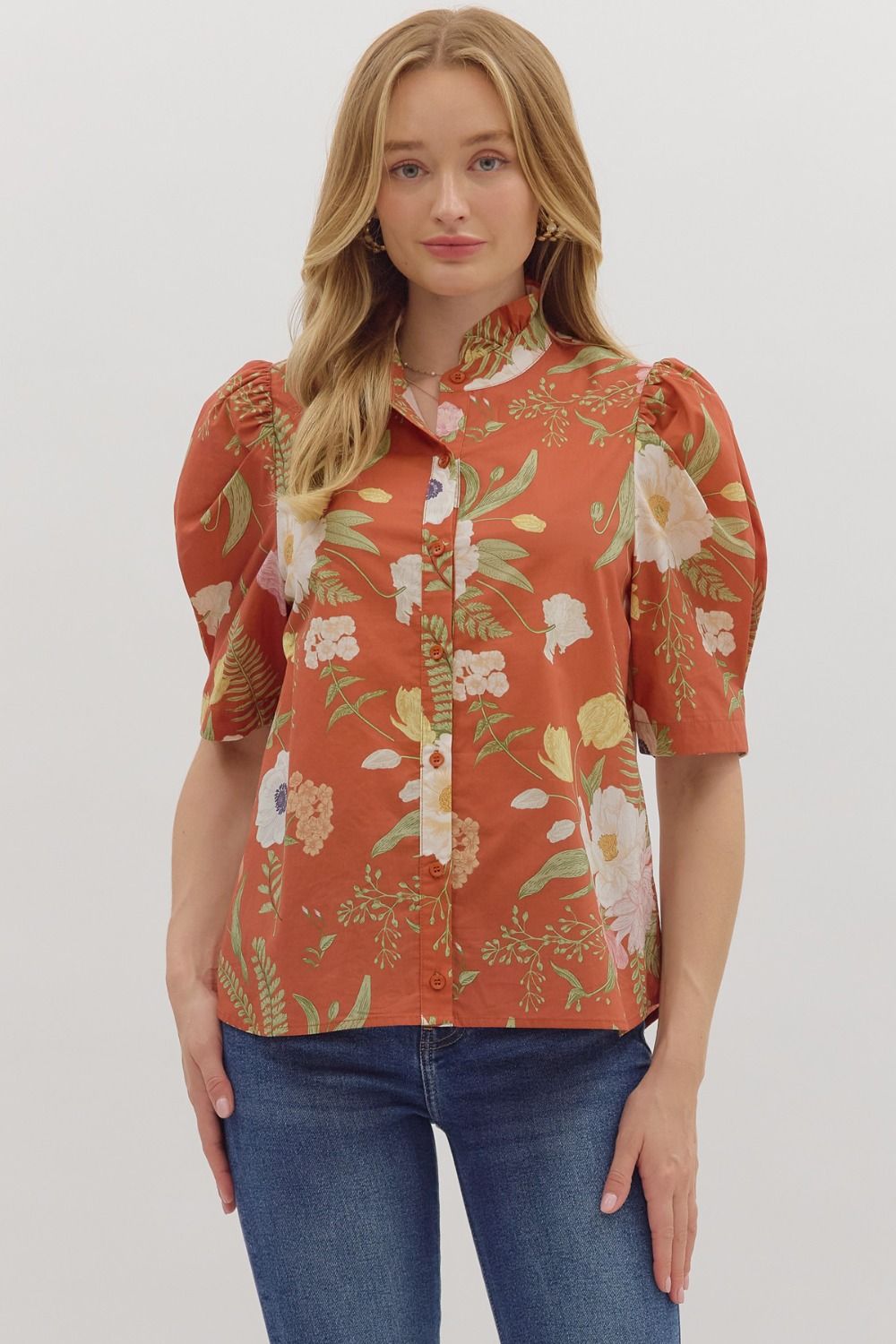 ENTRO Floral Ruffle Neck Puff Sleeve Top In Brown *COMING SOON*