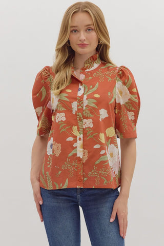ENTRO Floral Ruffle Neck Puff Sleeve Top In Brown *COMING SOON*