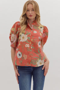 ENTRO Floral Ruffle Neck Puff Sleeve Top In Dark Peach *COMING SOON*