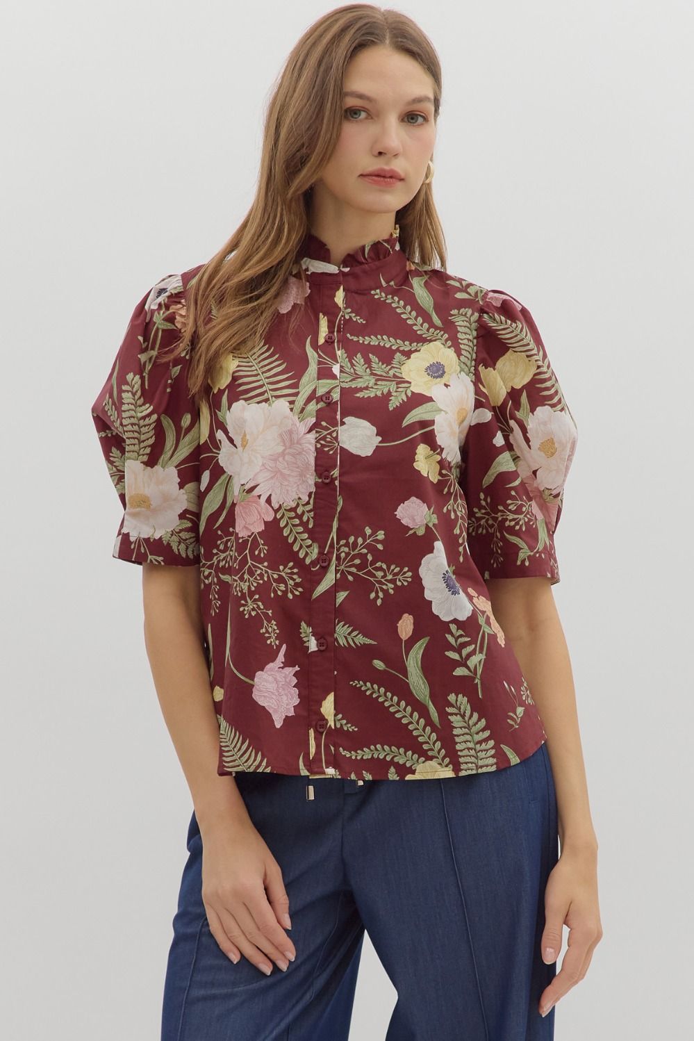 ENTRO Floral Print Ruffle Button Front In Merlot