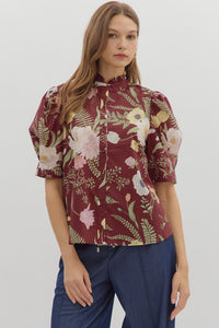 ENTRO Floral Print Ruffle Button Front In Merlot