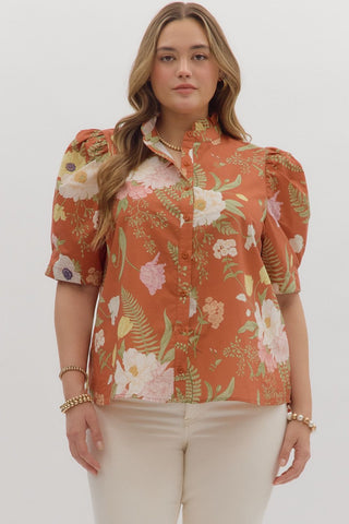 ENTRO Floral Ruffle Neck Puff Sleeve Top In Brown PLUS Sizes *COMING SOON*