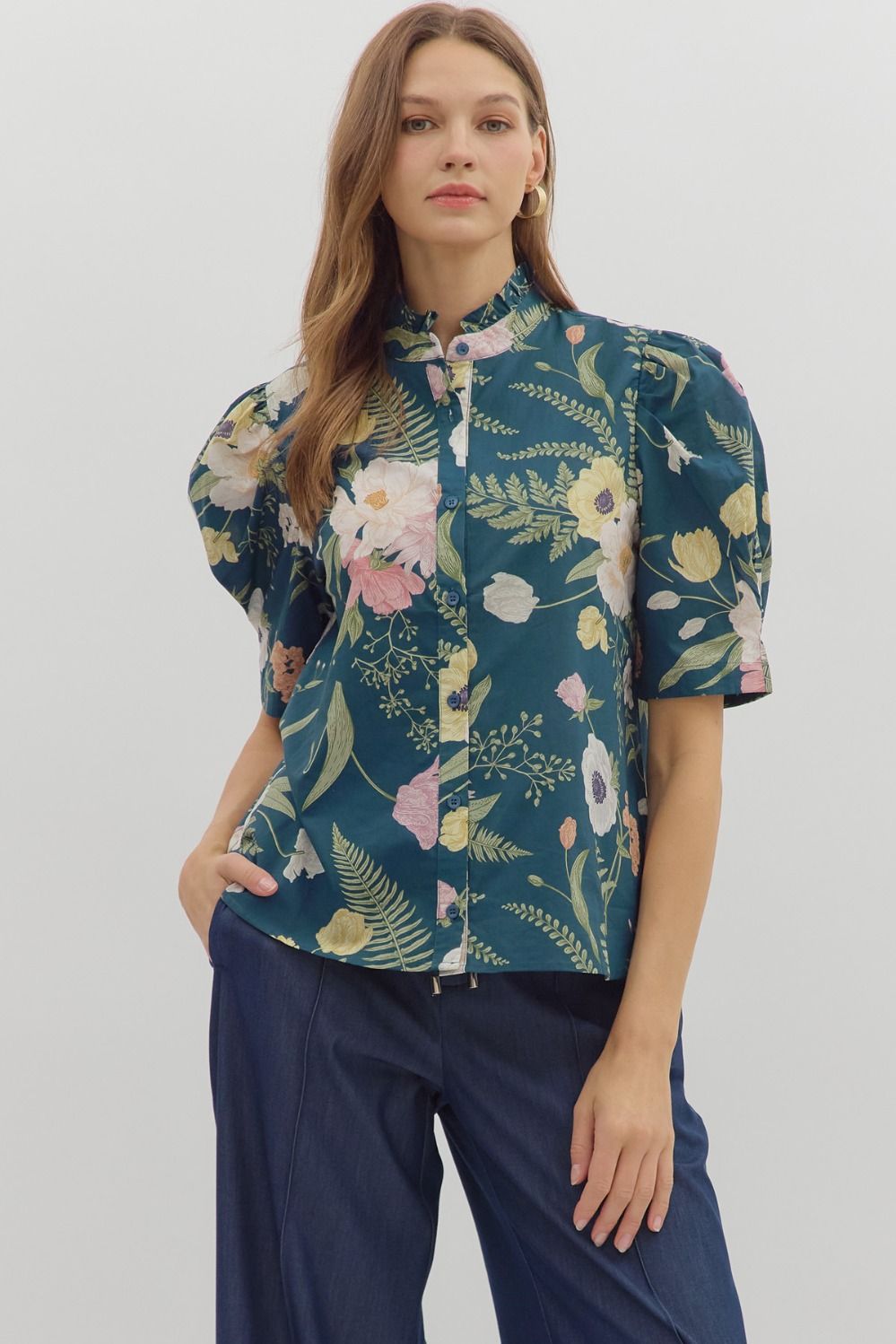 ENTRO Floral Print Ruffle Button Front In Teal