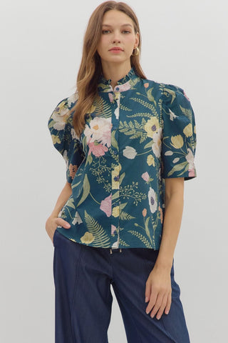 ENTRO Floral Print Ruffle Button Front In Teal