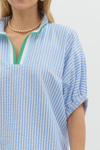 ENTRO Striped High Neck Top With Contrast Trim In Blue