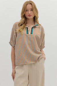 ENTRO Striped High Neck Top With Contrast Trim In Caramel