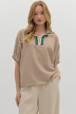 ENTRO Striped High Neck Top With Contrast Trim In Caramel