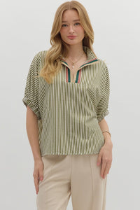 ENTRO Stripe High Neck Dolman Top In Olive
