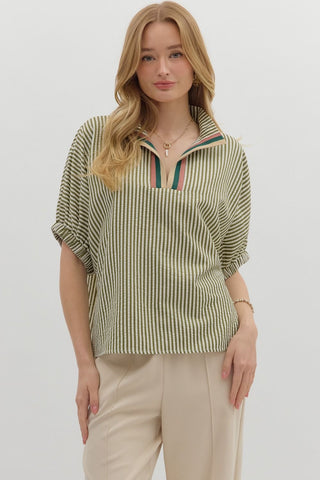 ENTRO Stripe High Neck Dolman Top In Olive