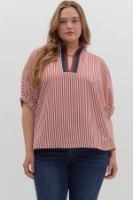 ENTRO Stripe Pattern High Neck Dolman Top In Brick PLUS Size