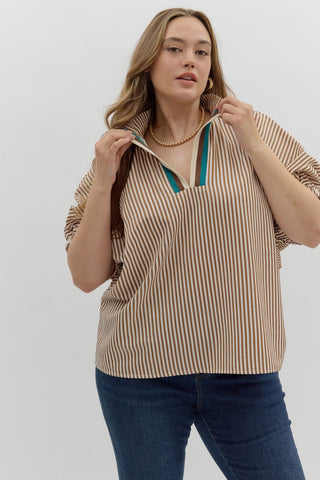 ENTRO Striped High Neck Dolman Top In Caramel PLUS Sizes *COMING SOON*