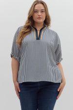 ENTRO Stripe Pattern High Neck Dolman Top In Navy PLUS Size