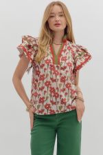 ENTRO Floral Ruffle Sleeve Top In Rust