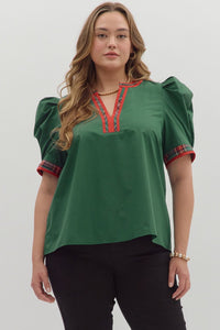 ENTRO Puff Sleeve Plaid Accent Band Top In Green PLUS Sizes