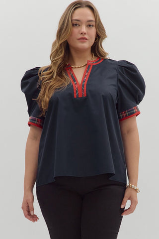 ENTRO Puff Sleeve Plaid Accent Band Top In Navy PLUS Sizes