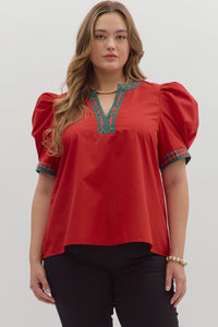 ENTRO Puff Sleeve Plaid Accent Band Top In Red PLUS Sizes