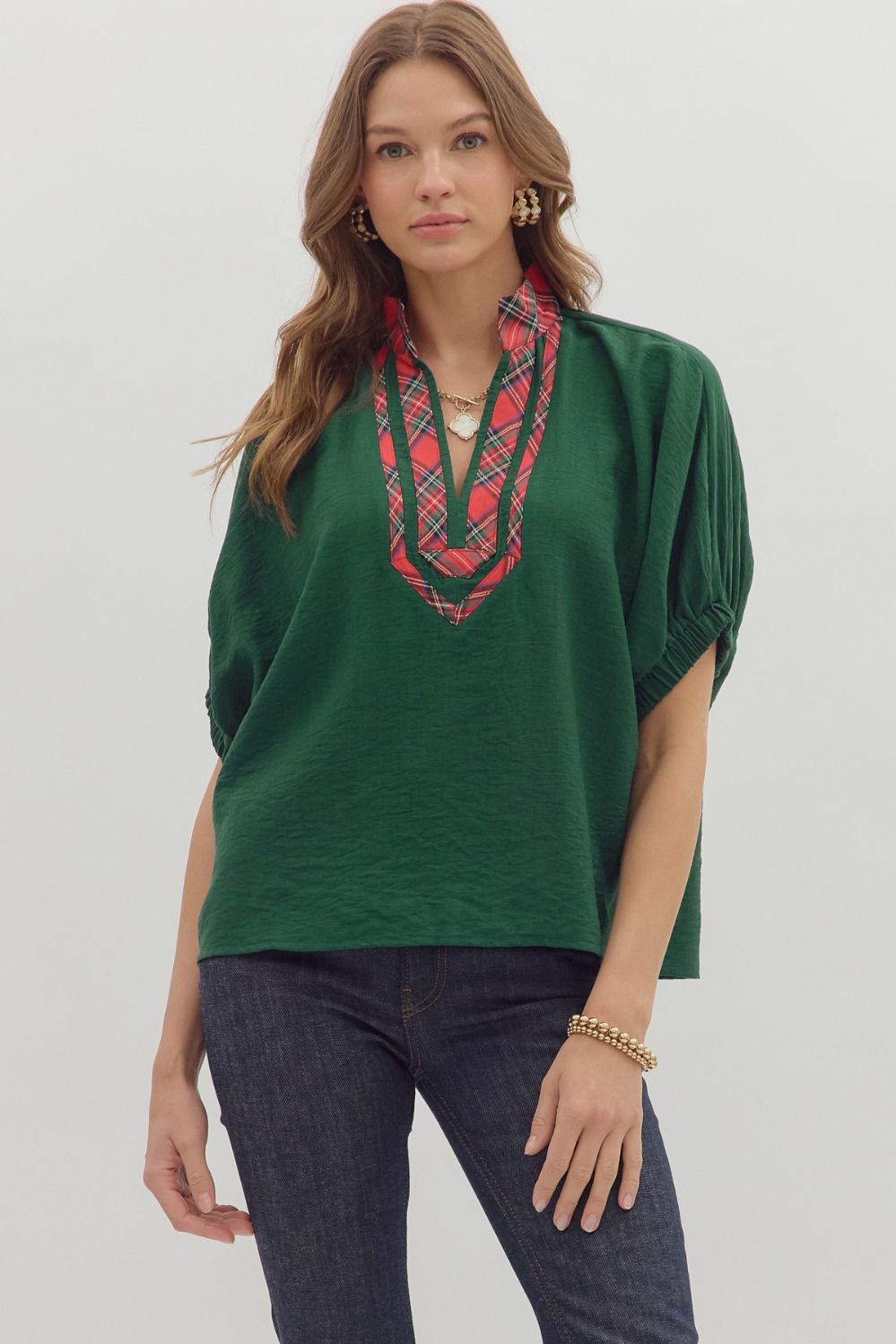 Entro Short Sleeve Dolman Top With Plaid Trim In Green *COMING SOON*