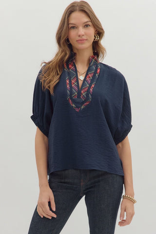 ENTRO Short Sleeve Dolman Top With Plaid Trim In Navy *COMING SOON*