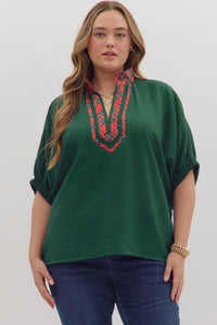 Entro Short Sleeve Dolman Top With Plaid Trim In Green PLUS Sizes  *COMING SOON*