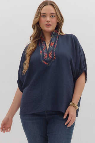 ENTRO Short Sleeve Dolman Top With Plaid Trim In Navy PLUS Sizes *COMING SOON*