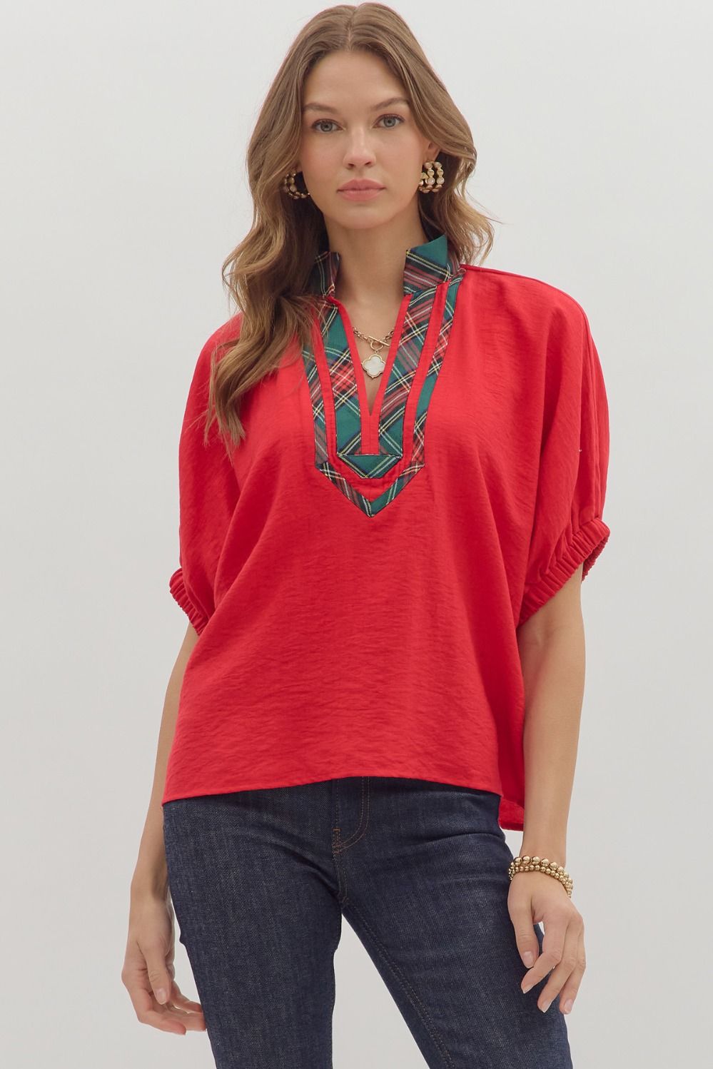 Entro Short Sleeve Dolman Top With Plaid Trim In Red